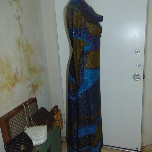 Englands " Mary Wilson" Vintage 70's Maxi Sexy Metallic Dress M Studio 54 Blue - Picture 7 of 12